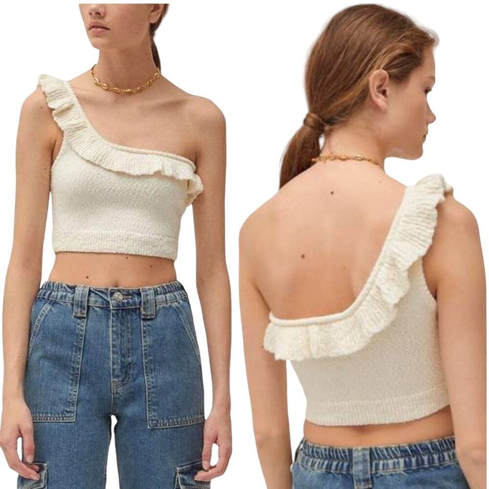 URBAN OUTFITTERS Molly One-shoulder Ruffle Cropped Top Sz Medium Ivory